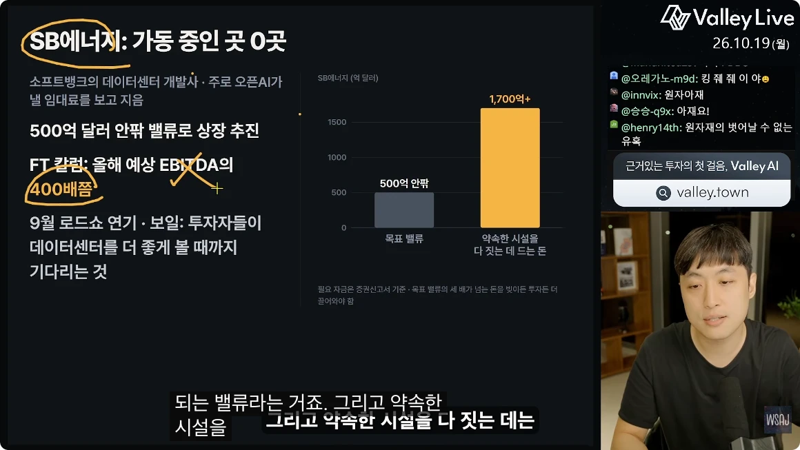 SB Energy의 기업가치와 필요한 건설자금을 비교한 영상 장면