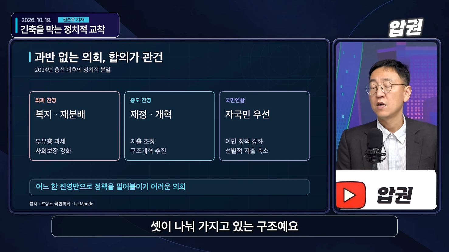 과반 없는 의회의 세 진영과 우선순위를 비교한 화면
